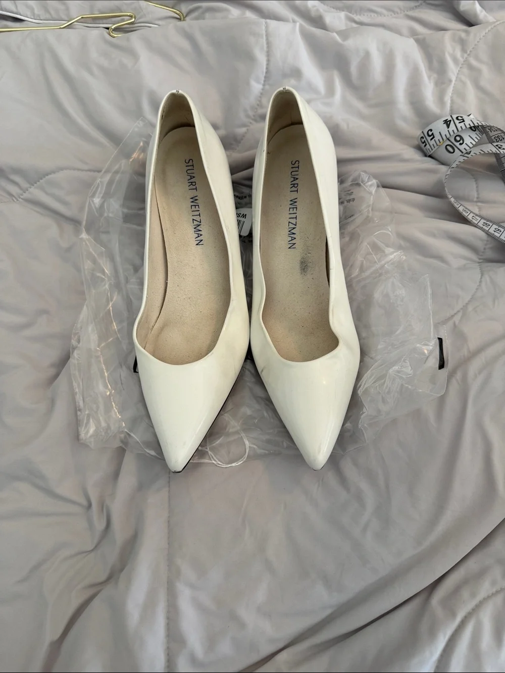Stuart Weitzman White Patent Pointed Toe Pumps
